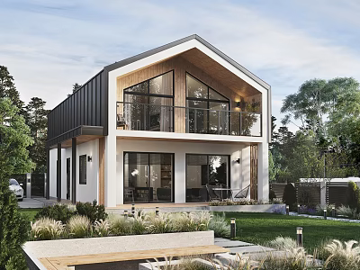 Modern Detached Villa With Large Glass Windows Balcony And Landscaped Garden Surrounded By Trees 3d model