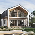 Modern Detached Villa With Large Glass Windows Balcony And Landscaped Garden Surrounded By Trees