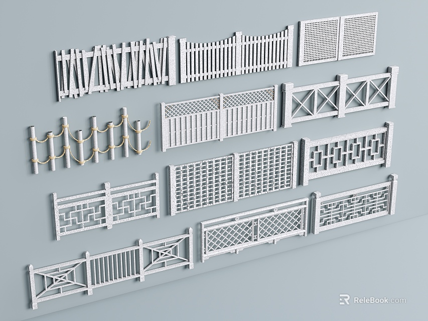 Various White Railings With Different Design Patterns And Intricate Styles 3d model 