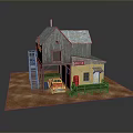 Scenic Old Wooden House Gray Roof Yellow Building Red Sign Red Car Brown Sandy Ground