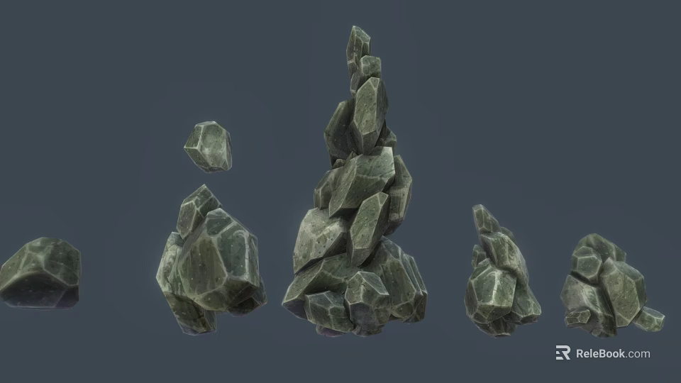 Green Natural Stone Samples With Irregular Shapes Stacked On Gray Background 3d model