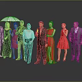 Group of People With Microphone White Umbrella Standing In Formal Attire Against Gray Background