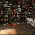 Room Interior With Full Bookshelves And Scattered Books On Floor And Bed