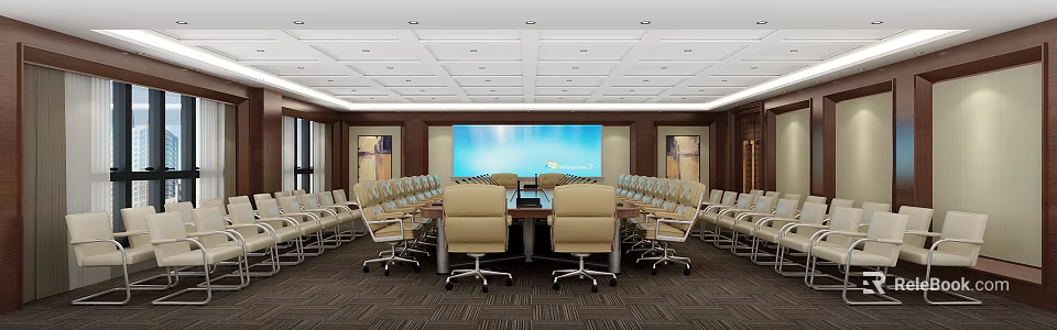 Modern Conference Room Interior With Long Table Multiple Chairs And Large Screen 3d model