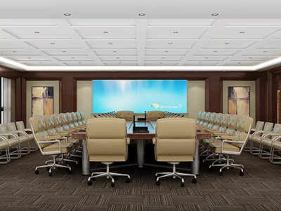 Modern Conference Room Interior With Long Table Multiple Chairs And Large Screen 3d model