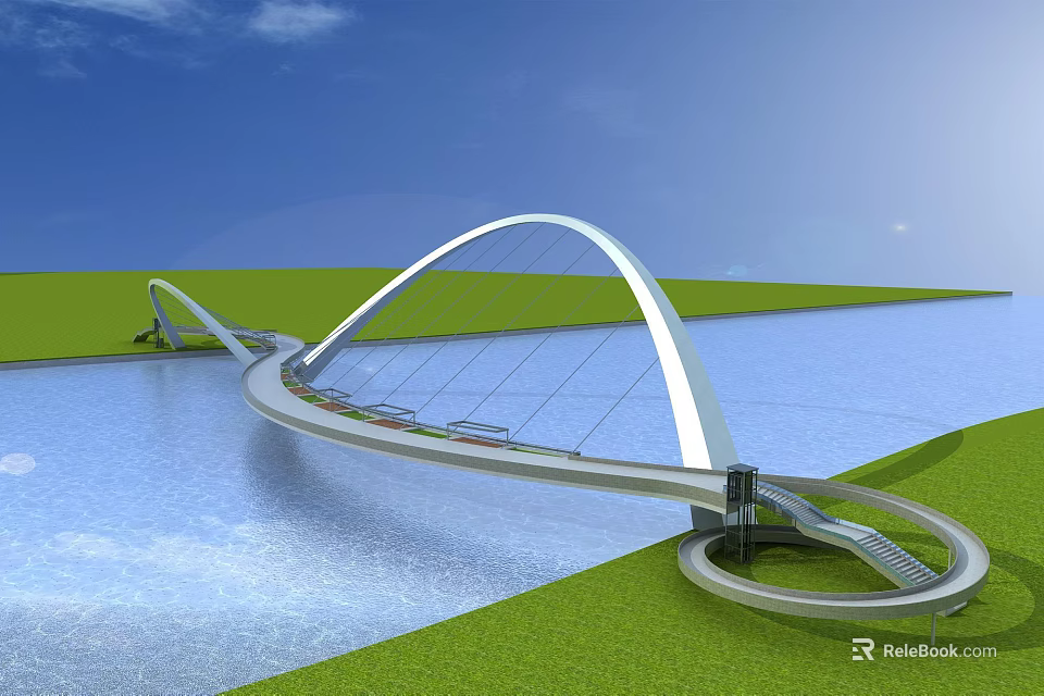 Modern Arched Bridge Structure Over Water With Green Grass And Blue Sky Environment 3d model 