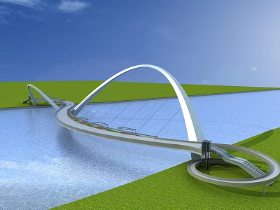 Modern Arched Bridge Structure Over Water With Green Grass And Blue Sky Environment 3d model