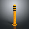 Yellow Safety Bollard With Black Stripes And Weathered Surface On Gray Background