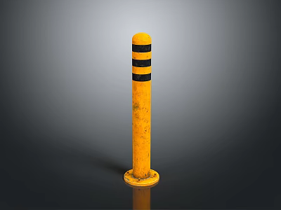 Yellow Safety Bollard With Black Stripes And Weathered Surface On Gray Background 3d model