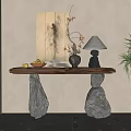 Natural Wooden Console Table With Stone Legs Decorative Vase Lamp And Fruit Bowl