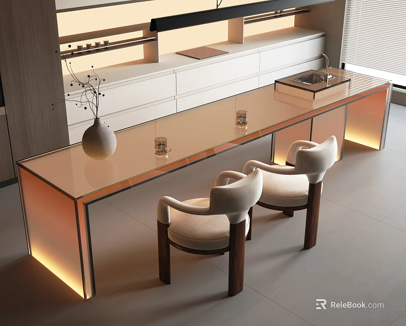 Glass Top Dining Table Set With Upholstered Chairs Wooden Legs LED Lighting And White Cabinets 3d model 