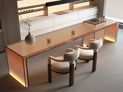 Glass Top Dining Table Set With Upholstered Chairs Wooden Legs LED Lighting And White Cabinets 3d model
