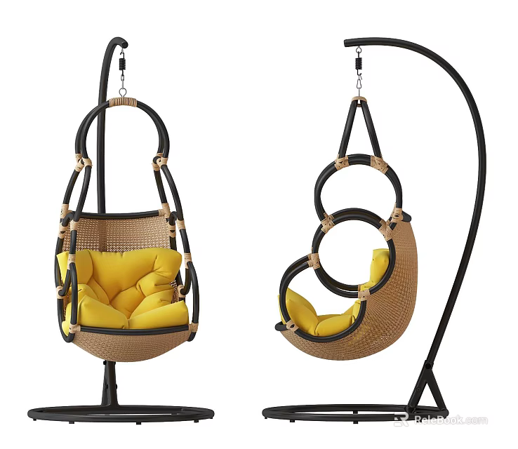 Modern Woven Hanging Chair With Black Stand And Yellow Cushion 3d model 