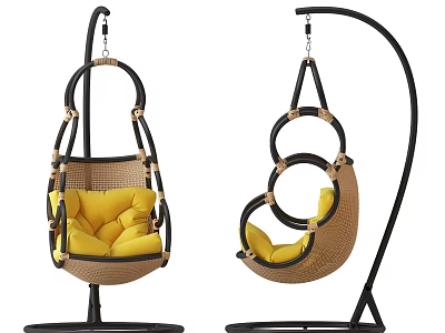 Modern Woven Hanging Chair With Black Stand And Yellow Cushion 3d model