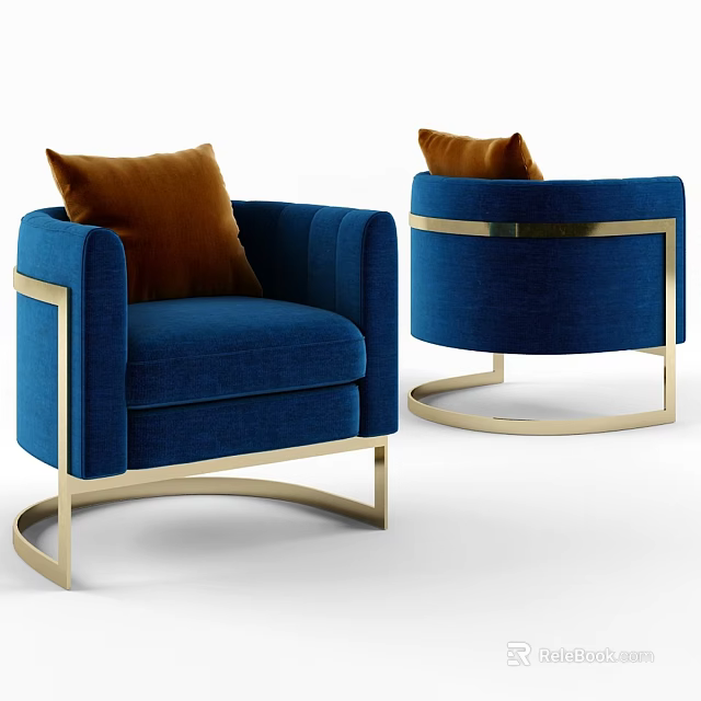 Elegant Blue Leisure Chair with Gold Metal Frame and Brown Cushion Design 3d model 