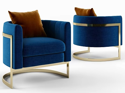 Elegant Blue Leisure Chair with Gold Metal Frame and Brown Cushion Design 3d model