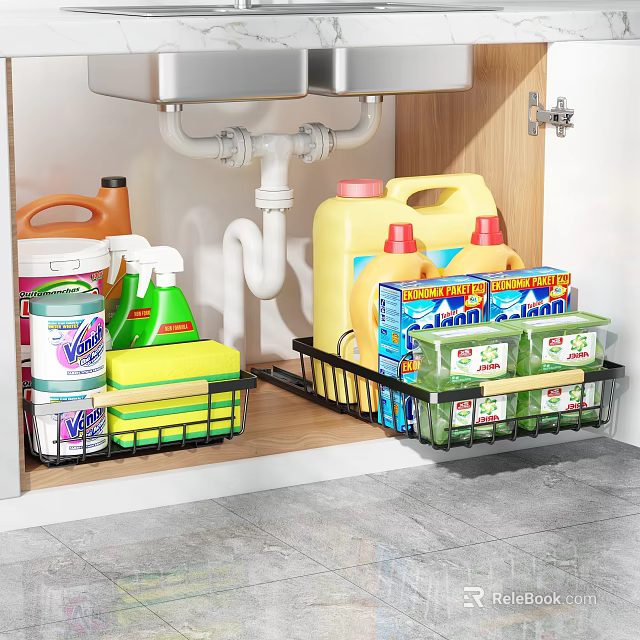 Under Sink Kitchen Rack Organizing Cleaning Supplies Detergent Bottles And Sponges 3d model 
