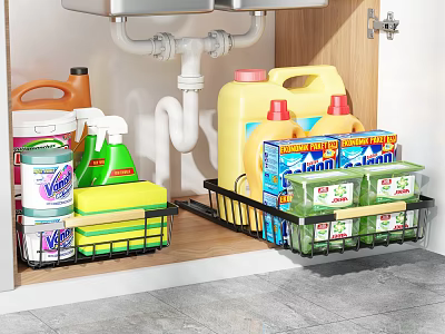 Under Sink Kitchen Rack Organizing Cleaning Supplies Detergent Bottles And Sponges 3d model