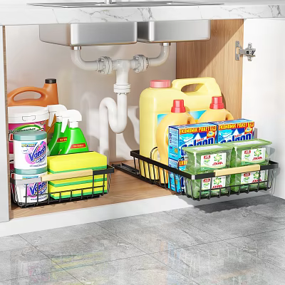Under Sink Kitchen Rack Organizing Cleaning Supplies Detergent Bottles And Sponges 3d model