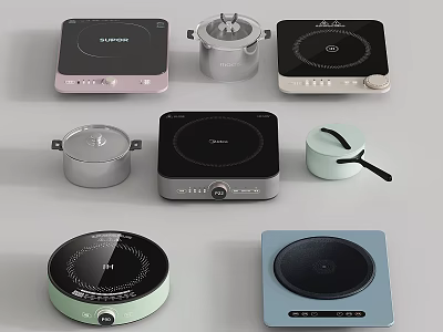 Modern Colorful Kitchen Appliances Featuring Induction Cooktops And Electric Cookers With Diverse Designs 3d model