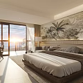 Serene Hotel Room with Sea View Balcony Floor-to-Ceiling Windows Bed and Wooden Desk