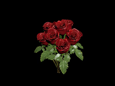 Beautiful Red Roses Bouquet With Fresh Green Leaves On Black Background 3d model