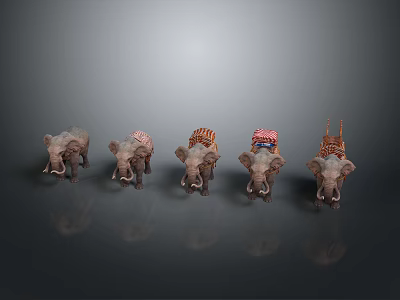 Five Decorated Elephants With Colorful Traditional Ornaments On Their Backs 3d model