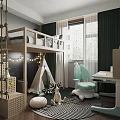 Kids Room Interior With Bunk Bed Teepee String Lights Chalkboard Wall And Stuffed Animal