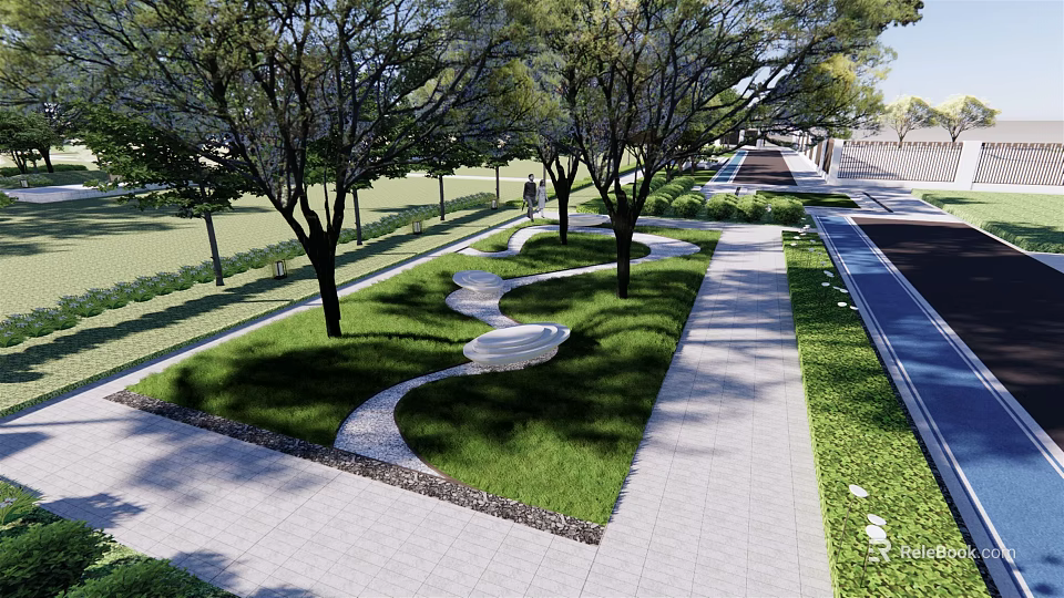 Modern Residential Landscape with Curved Pathway Lush Green Lawn Trees and Water Feature 3d model 
