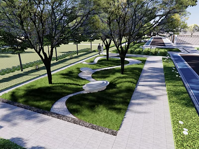 Modern Residential Landscape with Curved Pathway Lush Green Lawn Trees and Water Feature 3d model