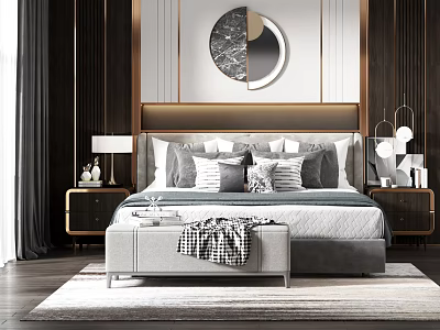Elegant Modern Background Bed Interior With Pillows Bench Wooden Nightstands And Round Mirror 3d model