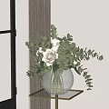Crystal Textured Vase With Pink Roses And Eucalyptus Leaves On Golden Shelf By Window