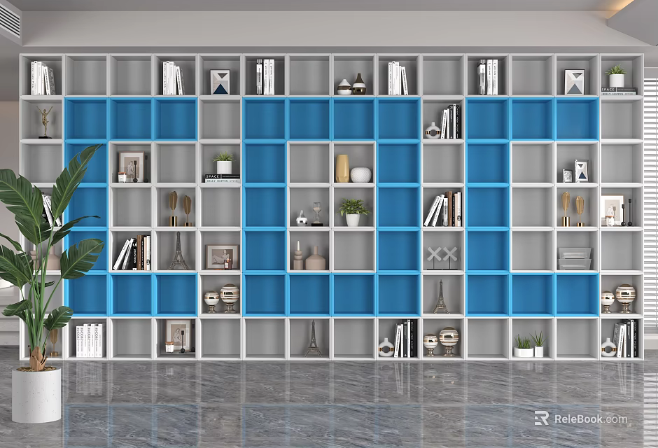 Blue And White Multi Compartment Storage Shelving Unit With Decorative Items Books And Plants 3d model 