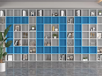 Blue And White Multi Compartment Storage Shelving Unit With Decorative Items Books And Plants 3d model