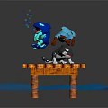 Floating Blue Cartoon Characters and Gray White Cat Standing on Wooden Platform with Bubbles