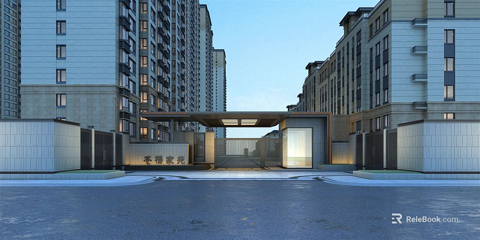 Modern Residential Entrance Gate With Arch Design And High Rise Building Surroundings 3d model 