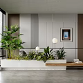 Modern Indoor Landscape With Large Windows Green Plants Framed Painting Spherical Lamps And Wooden Bench
