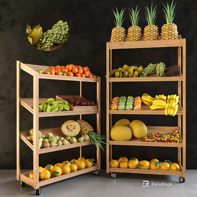 Fresh Assorted Fruits Neatly Arranged On Wooden Shelves With Multiple Varieties 3d model 