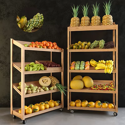 Fresh Assorted Fruits Neatly Arranged On Wooden Shelves With Multiple Varieties 3d model
