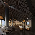 Elegant Modern Restaurant Interior With Spiral Wine Rack Pendant Lights Dining Tables And Sea View