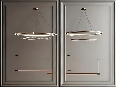 Modern Circular Chandeliers in Interior With Gray Wall and Illuminated Metal Frames 3d model