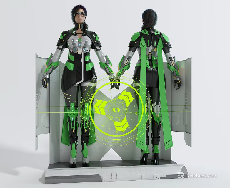 Futuristic Sci Fi Game Movie Character With Green Black Armor Mechanical Wings And Glowing Symbol 3d model 