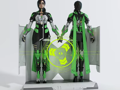 Futuristic Sci Fi Game Movie Character With Green Black Armor Mechanical Wings And Glowing Symbol 3d model
