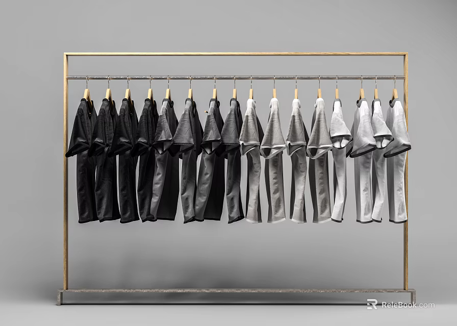 Gold Frame Garment Rack With Black to White Gradient Clothes Neatly Hanged 3d model 