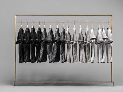 Gold Frame Garment Rack With Black to White Gradient Clothes Neatly Hanged 3d model