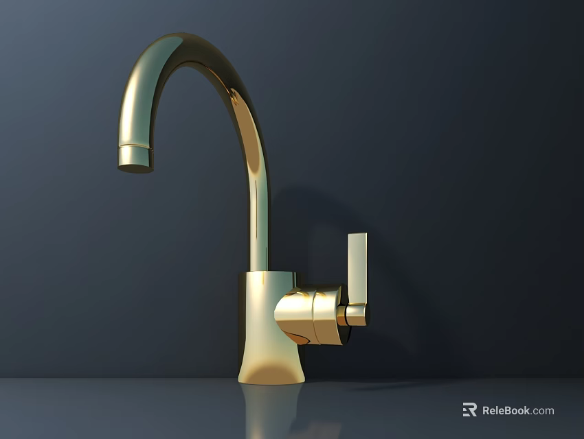 Golden Modern Faucet with Curved Spout and Polished Metal Finish on Dark Background 3d model 
