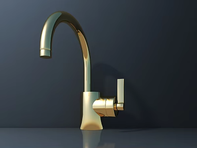 Golden Modern Faucet with Curved Spout and Polished Metal Finish on Dark Background 3d model
