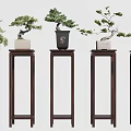 Multiple Wooden Plant Stands With Bonsai Plants In Various Decorative Designs