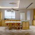 Modern Kitchen and Dining Room Interior With Marble Island Counter Chandelier Cabinets Herringbone Flooring