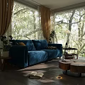Living Room Interior Design With Blue Sofa Yellow Curtains Plants Wooden Coffee Tables And Trees